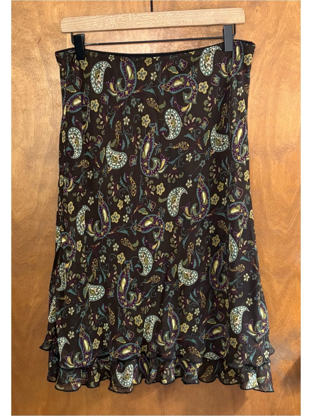 Vintage Brown Green Paisley Floral Sheer Mesh Midi Skirt Forest Fairy Grunge Y2K - Picture 2 of 7